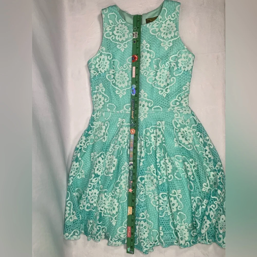 Lace Lined Turquoise White Sleeveless‎ Party Dress Melonie T Women’s Size 8